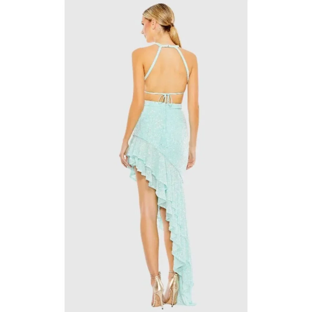 Mac Duggal A11274‎ Aqua Sequined Halter Cut Out Ruffle Asymmetrical Dress Size 8